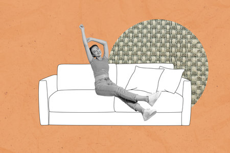 Creative drawing collage picture of happy young female sit comfy sofa furniture interior design freak bizarre unusual fantasy billboardの写真素材