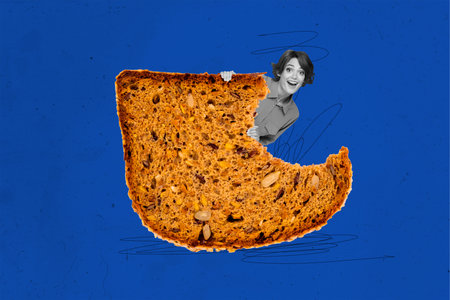 Composite collage image of funny young female bread bite healthy food fantasy billboard comics zine minimalの写真素材
