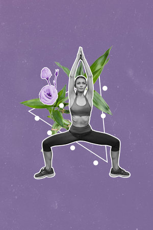 Creative abstract template collage of stretching female doing yoga nature plant flower peace bizarre unusual fantasy billboardの写真素材