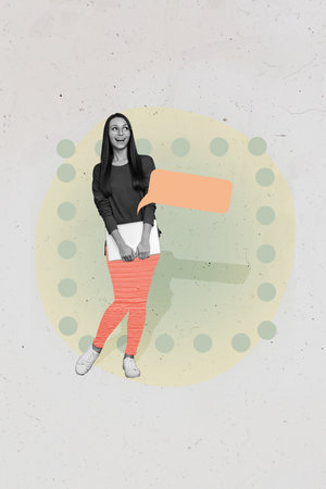 Composite trend artwork sketch image photo collage of textbox cloud chatting bulb young lady stand hold hand laptop remote distance workの写真素材