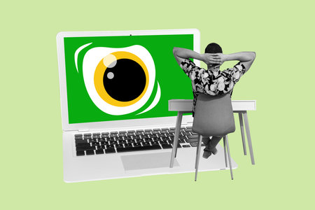 Creative poster collage of young man working process social media spying personal data bizarre unusual fantasy billboardの写真素材