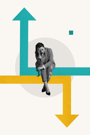 Vertical collage depressed upset woman corporate worker entrepreneur sit anxiety apathy crisis different arrows directions dilemma problemの写真素材