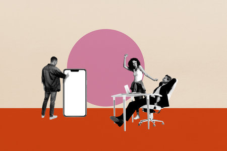Composite photo collage of happy black white partners freelance organization big iphone device colleagues isolated on painted backgroundの写真素材