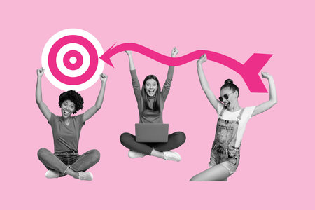 Creative poster collage of young girls working together startup project teamwork arrow hit target...