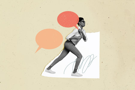 Composite trend artwork sketch image photo collage of black white young lady walk effort hold hand heavy textbox cloud chatting bulbの写真素材
