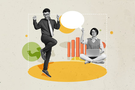 Collage poster image of professional two people working together achieving success isolated on drawing backgroundの写真素材