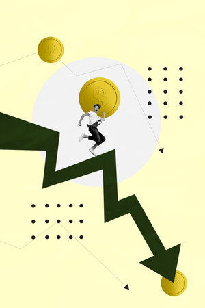 Composite collage picture image of funny man arrow point down abundance crisis inflation bizarre...