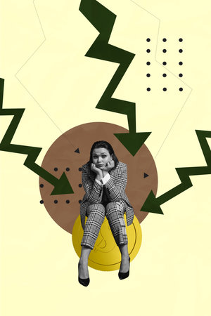 Vertical poster collage young bored businesswoman upset economy crisis recession golden coin dollar stocks downfall lossの写真素材