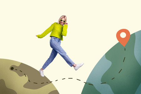 Creative image collage young cheerful woman walk step world map destination marker gps location tourist travel agency drawing backgroundの写真素材
