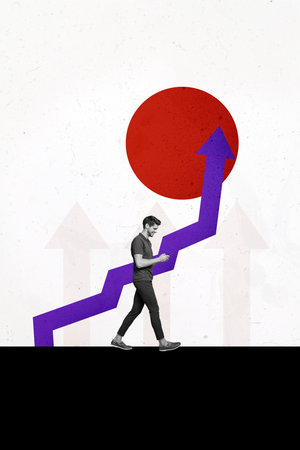 Vertical photo collage of happy man freelancer surf phone walk development arrow success occupation...