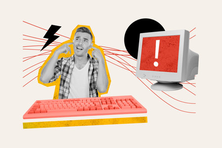 Composite collage image of confused man ignore broken computer keyboard error warning sign fantasy...