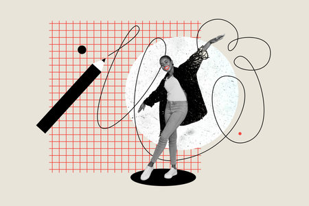 Composite collage image of funny female have fun pencil drawing writer unusual fantasy billboard comics zineの写真素材