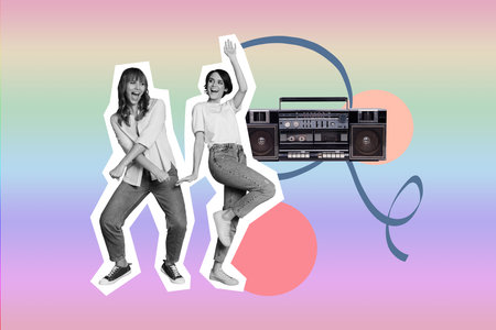 Composite collage image of two funny girl friends boombox dancing have fun discotheque unusual fantasy billboard comics zineの写真素材