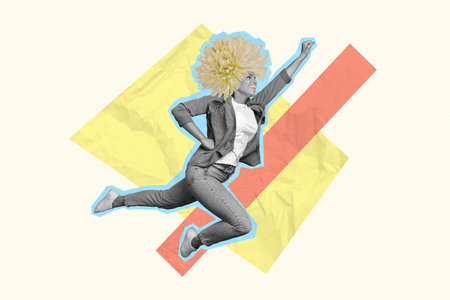 Composite collage image of funny female flying superhero flower head hair aster unusual fantasy billboard comics zineの写真素材