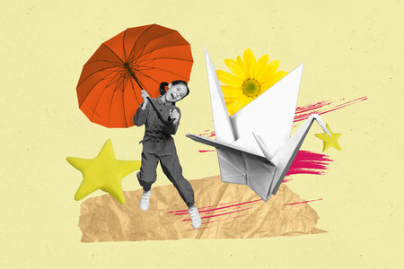 Composite photo collage of happy teenage girl hold umbrella outdoors walk chryzanthemum flower origami swan isolated on painted backgroundの写真素材