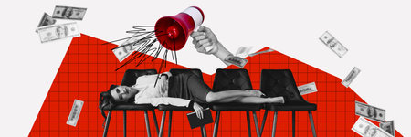 Composite panoramic collage of tired girl workaholic lay stool hand hold megaphone workload fly dollar cash isolated on painted backgroundの写真素材