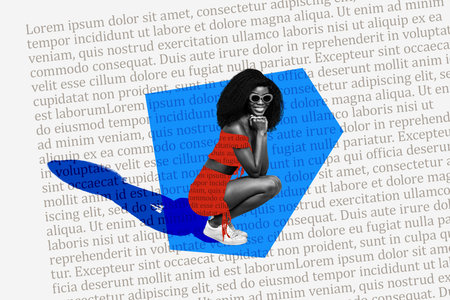 Composite photo collage of happy american girl wear stylish sexy costume text magazine sunglass fashion isolated on painted backgroundの写真素材