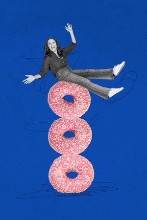 Creative drawing collage picture of funny mature female enjoy tasty doughnuts sit pile freak bizarre...