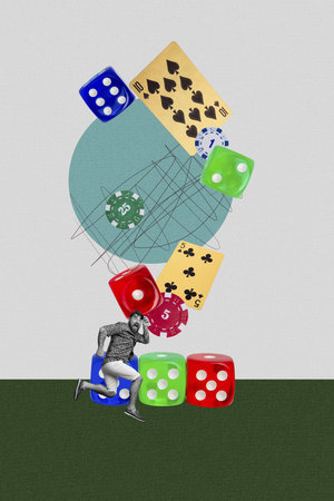 Vertical photo collage of crazy man run win jackpot casino game addicted card combination dice poker...