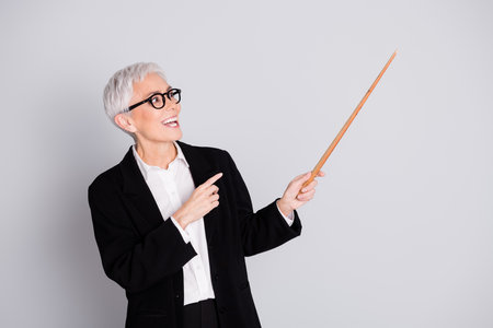Photo of pretty senior female professional entrepreneur pointer stick look empty space wear formalwear isolated on gray color backgroundの写真素材