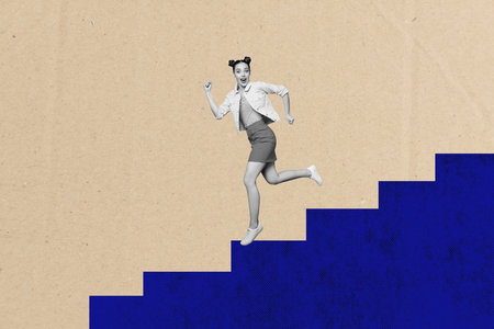Composite photo collage of happy girl run promotion ladder step hurry career development success...