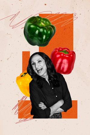 Vertical photo collage of happy old woman vegan nutrition paprika sweet pepper vegetables diet...