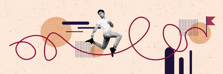 Composite panoramic collage of serious man employee run promotion path flagpole icon finish success growth isolated on painted backgroundの写真素材