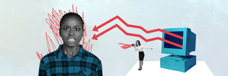 Creative financial collage illustration of business lady scream at sales manager diagram finances recession isolated on grey color backgroundの写真素材