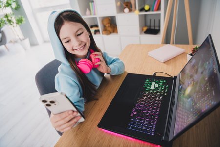Photo of charming cute lovely girl addicted user modern technology making recording video