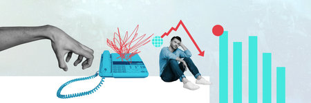 Creative financial collage illustration of bankrupt businessman stressed when his business goes down...
