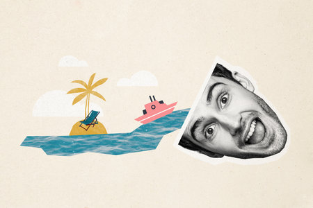 Composite photo collage of happy man cut head water flow ship cruise summer vacation island palm tree longer isolated on painted backgroundの写真素材