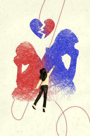 Vertical collage breakup relationship divorce separated heart collapse two pieces lovers family spouse small girl daughter adoptionの写真素材