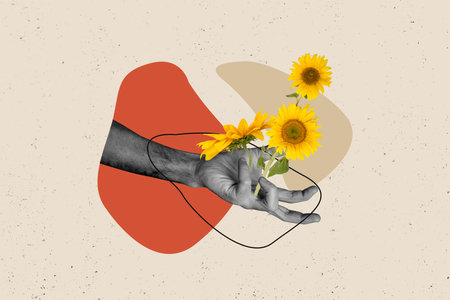 Composite collage image of hand hold sunflower nature organic plant fantasy billboard comics zine minimalの写真素材