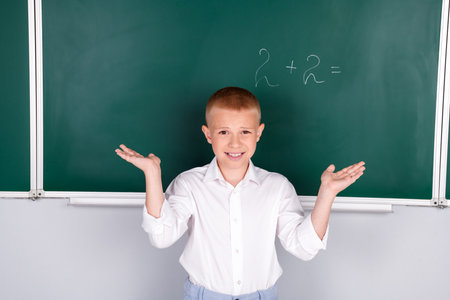Photo of clever smart nice boy solve mathematical task isolated on green board background