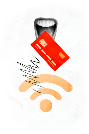 Vertical poster collage credit banking card mouth face fragment eat bite hunger payment wifi connection wireless nfc networkの写真素材