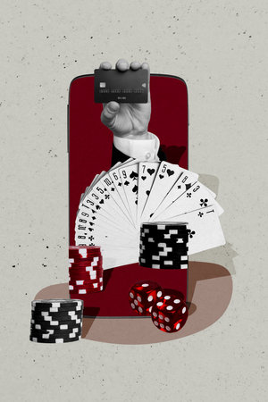 Vertical photo collage of hand hold credit deposit card cards combination dice chip betting credit prize isolated on painted backgroundの写真素材