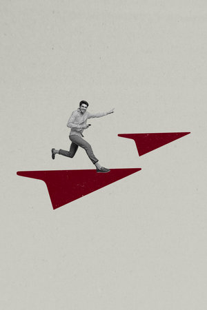 Composite trend artwork sketch image photo collage of copyspace transport surreal huge paper flight miniature young guy hold phone runの写真素材