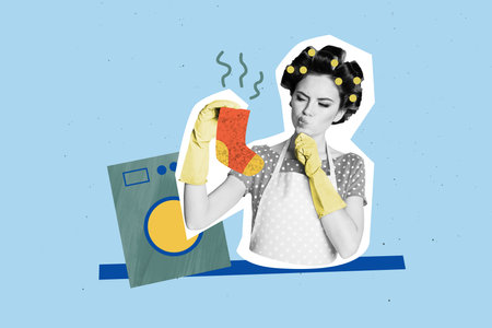 Composite photo collage of minded housemaid girl hold stinky sock dirty clothes laundry day washing machine isolated on painted backgroundの写真素材