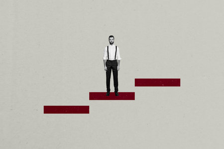 Composite photo collage of serious businessman stand promotion ladder career growth leader success...