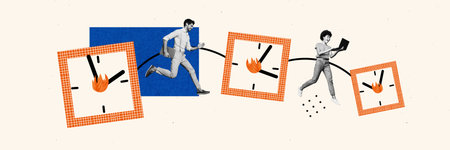 Composite panoramic collage of two happy girl guy run deadline expire limit carry laptop time...