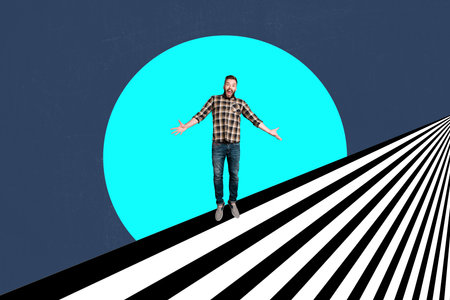 Sketch image trend artwork composite collage of abstract space young man fly levitate spread hands road black white line zebra styleの写真素材