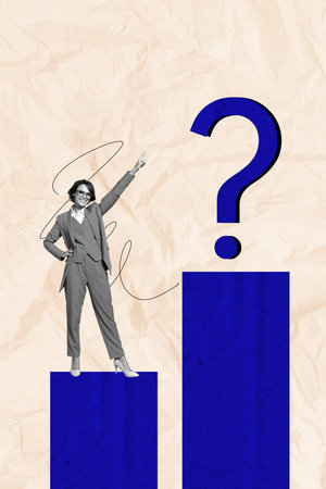 Creative trend collage of funny businesswoman point big question mark graph data analysis bizarre...