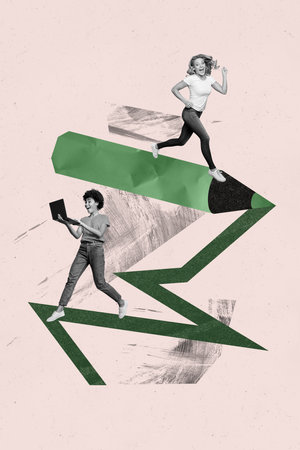 Vertical photo collage of black white girls workers run promotion concept hold macbook device graph draw pen isolated on painted backgroundの写真素材