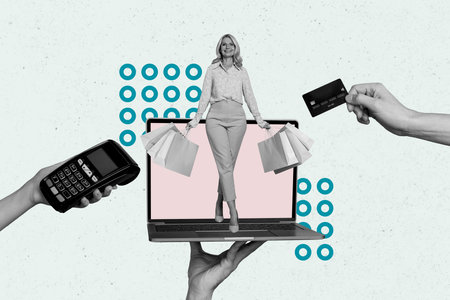 Creative abstract template graphics collage image of charming lady making online orders isolated white color backgroundの写真素材