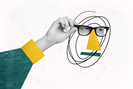 Composite photo collage of hand hold glasses eyeball vision cut segment optician surgery operation...