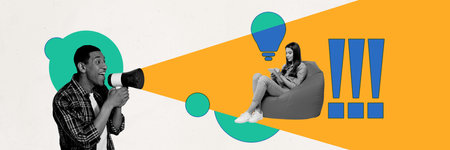 Horizontal creative 3d photo artwork collage painting of guy screaming toa motivating workers isolated drawing backgroundの写真素材