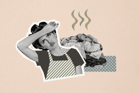 Composite trend artwork image photo collage of silhouette young lady pinup hairdo housewife tired face pile clothes dirty laundry domesticの写真素材