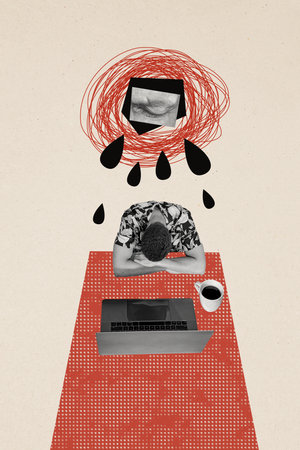 Trend artwork 3D sketch image photo collage of young sad guy sit table work laptop tired drink coffee cup overworked fragment eye drop cryの写真素材