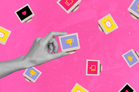 Collage composite artwork sketch image of vibrant pink color hand hold mini retro computer monitor...