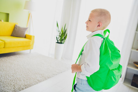 Photo portrait of small cute son pupil backpack shopping back behind remote education home schooling isolated indoors backgroundの写真素材